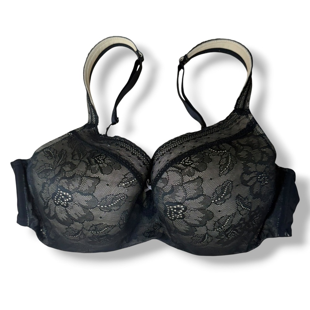 Cacique Bra 40D Black Lace Lightly Lined Underwire Floral Full Coverage Mesh